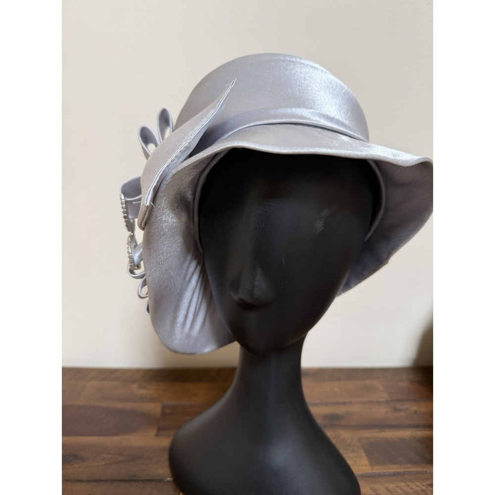 HI's Silver Gray Church Hat Rhinestone Bow Wedding Kentucky Derby Mother Bride - Picture 2 of 16